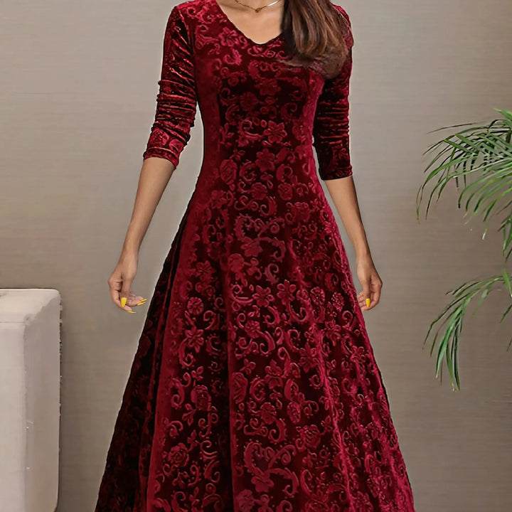 Valeria | Vestido Rojo de terciopelo elegante con mangas largas